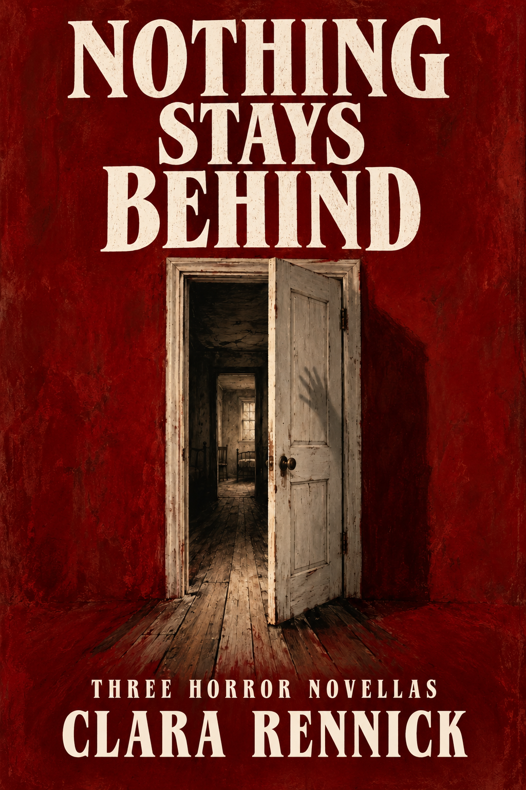 Nothing Stays Behind: Three Horror Novellas by Clara Rennick - approved red wall and open door cover.